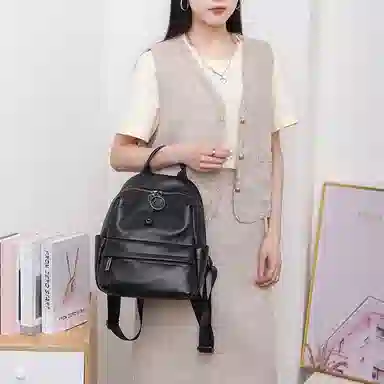 老人头 时尚百搭通勤出行旅游背包 头层牛皮 双肩包 女款 黑色/灰色/粉色