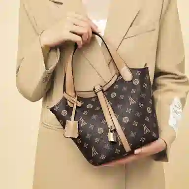 老人头 百搭时尚老花水桶包 合成革 菜篮子包手提包 常规 女款 咖色