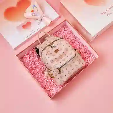 老人头 简约时尚猫咪印花日常通勤休闲百搭上课上班 合成革 双肩包 女款 棕色/粉色