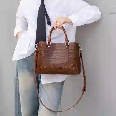 时尚经典 老人头 百搭休闲通勤鳄鱼纹气质妈妈包 头层牛皮 单肩手提包 女款 多色