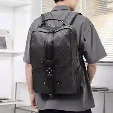 老人头 时尚潮流大容量高级感 合成革 双肩包 常规 男款 黑色