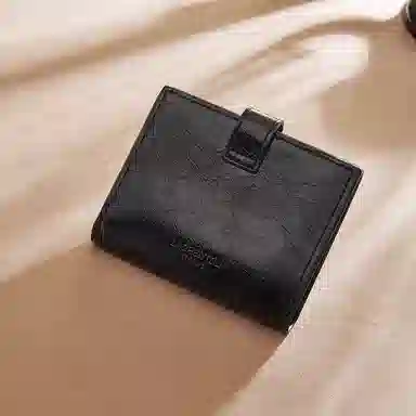 老人头 复古休闲多功能短款简约多卡位按扣钱夹 合成革 钱包 男女同款情侣款 黑色