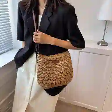 老人头 百搭小众休闲编织单肩包 织物 斜挎包 女款 米色/浅棕色