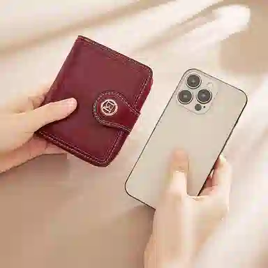 老人头 复古时尚精致多卡位折叠短款 合成革 钱包 女款 黑色/红色