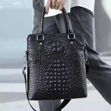 老人头 商务休闲鳄鱼纹高级感百搭通勤手提包单肩斜挎 头层牛皮 公文包 男款 黑色