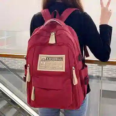 老人头 时尚复古小众设计出游轻便百搭 织物 双肩包 男女同款情侣款 红色/黑色