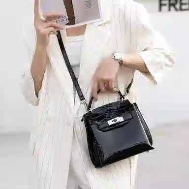 老人头 时尚通勤百搭优雅气质高级质感鳄鱼纹凯莉包 头层牛皮 单肩斜挎手提包 常规 女款 安格拉红/黑色/棕色