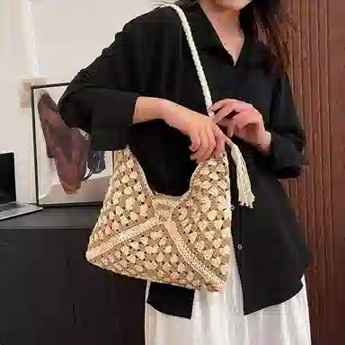 老人头 轻便出行小众百搭通勤托特腋下包 织物 单肩包 女款 米色/黑白色