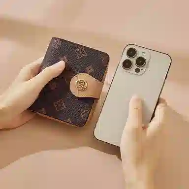 老人头 经典老花折叠短款通勤轻便实用 合成革 卡包 常规 女款 咖色