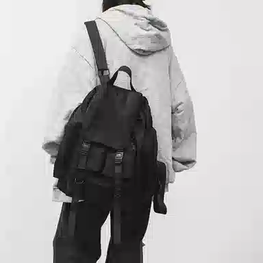 老人头 机能工装时尚百搭大容量 织物 双肩包 男女同款情侣款 黑色