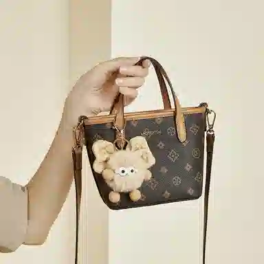 老人头 经典时尚老花小托特通勤休闲百搭可爱挂件菜篮子 合成革 单肩斜挎手提包 女款 咖色