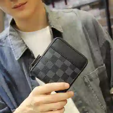 老人头 时尚潮流简约风格商务短款通勤棋盘格设计票夹钱夹 合成革 钱包 男款 黑色