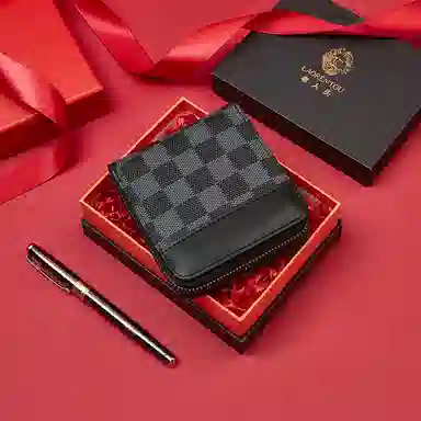 老人头 时尚潮流简约风格商务短款通勤棋盘格设计票夹钱夹 合成革 钱包 男款 黑色