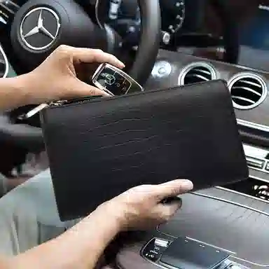 老人头 商务时尚潮流鳄鱼纹高级感日常休闲 头层牛皮 钱包手拿包 男款 黑色