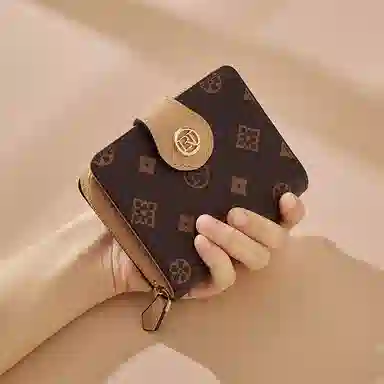 老人头 经典老花折叠短款通勤轻便实用 合成革 卡包 常规 女款 咖色