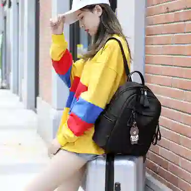 老人头 潮流时尚日常通勤防水背包 织物 双肩包 常规 男女同款情侣款 黑色