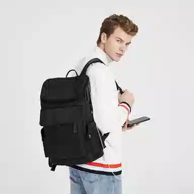 老人头 潮酷大容量高街多功能出差 织物 双肩包 男女同款情侣款 黑色