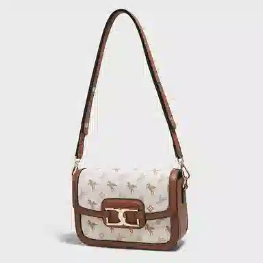 老人头 百搭休闲通勤实用简约小方包 合成革 单肩斜挎包 女款 啡色/白色