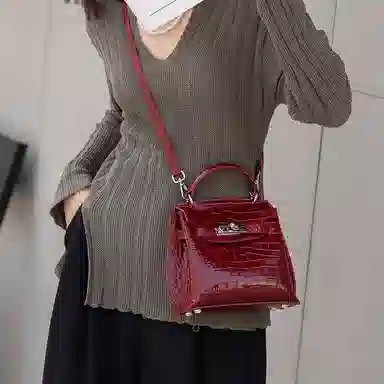 老人头 时尚通勤百搭优雅气质高级质感鳄鱼纹凯莉包 头层牛皮 单肩斜挎手提包 常规 女款 安格拉红/黑色/棕色