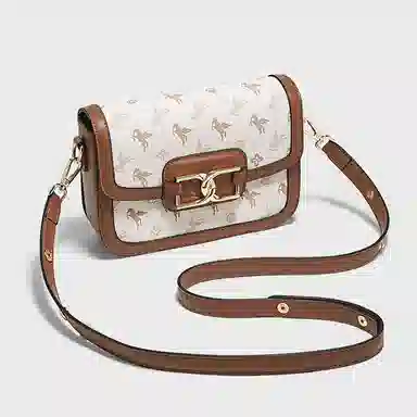 老人头 百搭休闲通勤实用简约小方包 合成革 单肩斜挎包 女款 啡色/白色