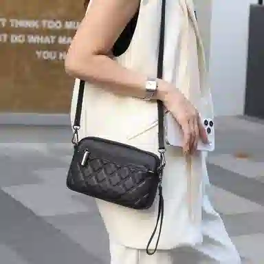 老人头 休闲通勤菱格高级感百搭经典 头层牛皮 单肩斜挎包 常规 女款 黑色/白色/卡其色