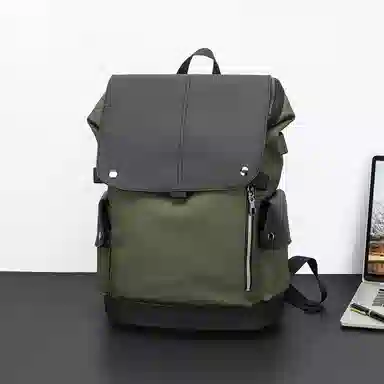 老人头 潮流时尚大容量短途旅游出差休闲背包通勤包电脑包大学生高中生上课书包 合成革 双肩包 常规 男款 皮膜军绿/花纹黑