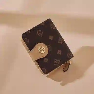 老人头 经典老花折叠短款通勤轻便实用 合成革 卡包 常规 女款 咖色