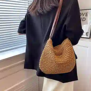 老人头 百搭小众休闲编织单肩包 织物 斜挎包 女款 米色/浅棕色