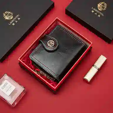 老人头 复古时尚精致多卡位折叠短款 合成革 钱包 女款 黑色/红色