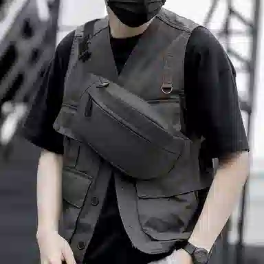 老人头 潮酷休闲百搭简约轻便出行 合成革 腰包 常规 男款 黑色