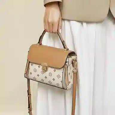 老人头 时尚高级感小众设计时髦优雅气质通勤 合成革 单肩斜挎手提包 女款 咖啡色/米白色