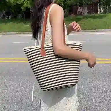 老人头 度假慵懒风时尚休闲百搭编织 织物 单肩包 女款 黑色/米色