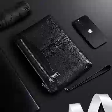 老人头 商务潮流简约鳄鱼纹设计高级质感 牛皮革 手拿包 常规 男款 黑色