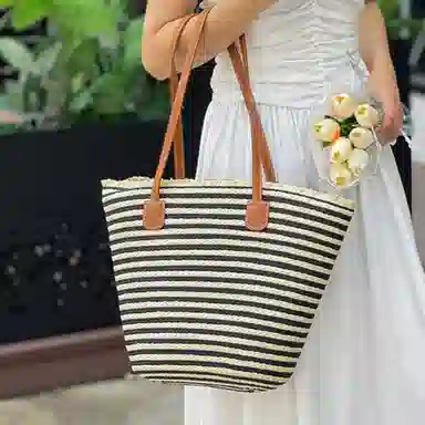 老人头 度假慵懒风时尚休闲百搭编织 织物 单肩包 女款 黑色/米色