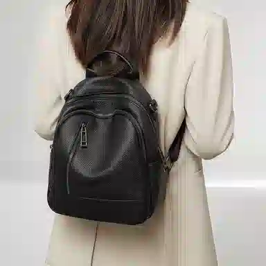 老人头 休闲百搭时尚简约轻便 头层牛皮 双肩包 女款 黑色/大象灰