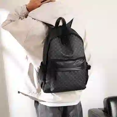 老人头 经典通勤百搭大容量上班潮流背包 合成革 双肩包 常规 男款 黑色印花