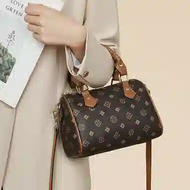 老人头 法式复古日常通勤时尚百搭波士顿包 合成革 手提包 常规 女款 咖色