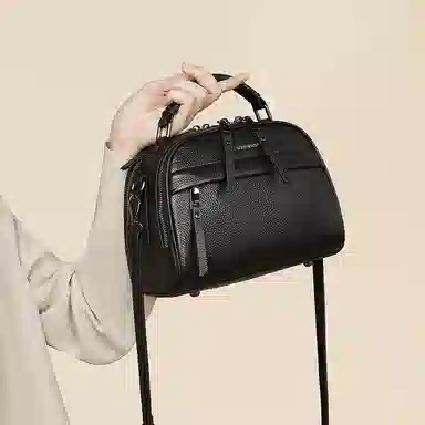 老人头 休闲百搭通勤大容量波士顿妈妈包 头层牛皮 手提包 常规 女款 黑色