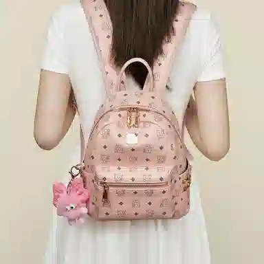 老人头 简约时尚猫咪印花日常通勤休闲百搭上课上班 合成革 双肩包 女款 棕色/粉色