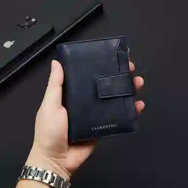 老人头 潮流简约时尚通勤轻便多卡位安全扣实用可抽离短款卡包 头层牛皮 钱包 常规 男款 湛蓝色