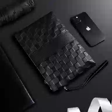 老人头 商务休闲简约风格格纹设计高级感百搭 头层牛皮 男士手拿包 男款 黑色