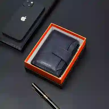 老人头 潮流简约时尚通勤轻便多卡位安全扣实用可抽离短款卡包 头层牛皮 钱包 常规 男款 湛蓝色