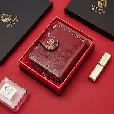 老人头 复古时尚精致多卡位折叠短款 合成革 钱包 女款 黑色/红色