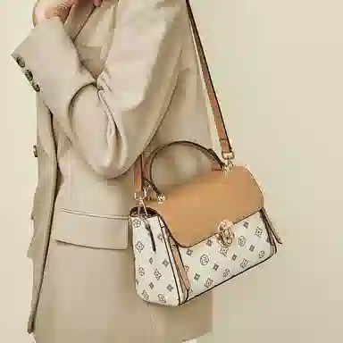 老人头 时尚高级感小众设计时髦优雅气质通勤 合成革 单肩斜挎手提包 女款 咖啡色/米白色