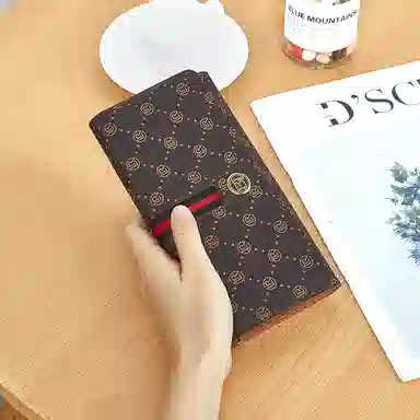 老人头 经典复古老花高级感长款多卡位通勤百搭票夹钱夹 合成革 钱包 男女同款情侣款 咖色