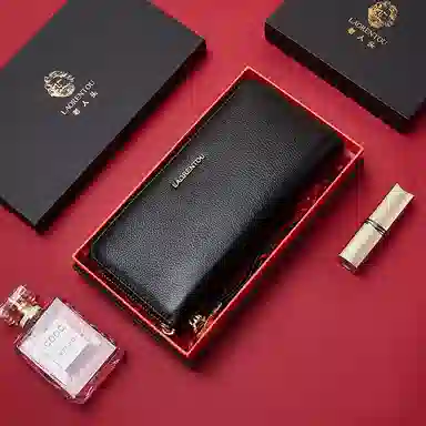 老人头 时尚简约高级质感百搭通勤多卡位票夹卡包 头层牛皮 钱包 女款 黑色/红色