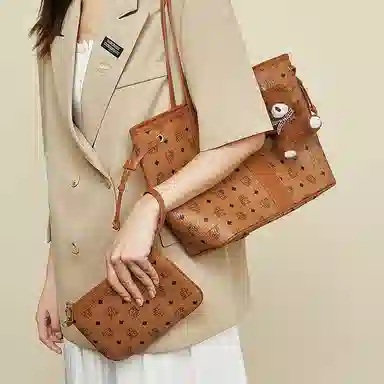 珍爱 老人头 时尚复古印花百搭通勤 合成革 子母包单肩包 女款 棕色/粉色