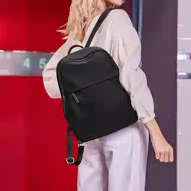 老人头 时尚简约轻便上班通勤短途旅行背包高中生大学生上课百搭 织物 双肩包 女款 经典黑/杏灰色