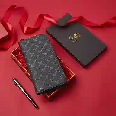 老人头 商务风长款 合成革 钱包 男女同款情侣款 深棕色