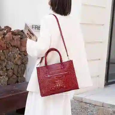 老人头 简约时尚优雅气质大容量百搭鳄鱼纹高级感 头层牛皮 托特包单肩斜挎手提包  常规 女款 黑色/红色/棕色